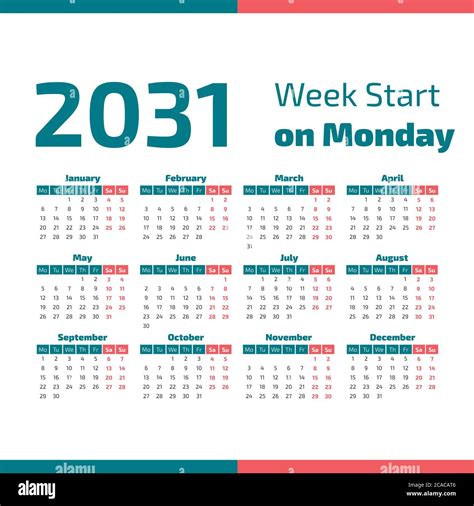 2031 Calendar With The Weeks Start On Monday Stock Vector Image And Art