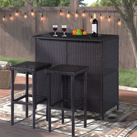 Mcombo 3 Piece Patio Bar Set Wicker Outdoor Table 2 Stools Furniture
