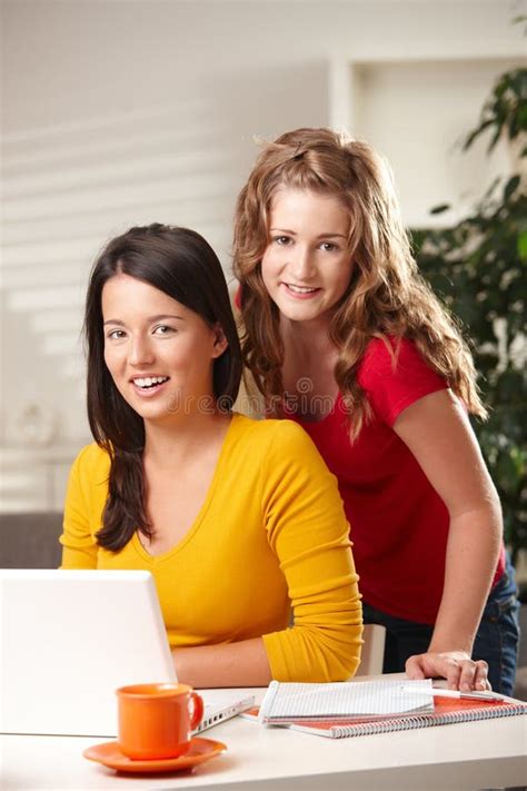 Happy Girls With Laptop And Books Stock Photo Image Of Eighteen