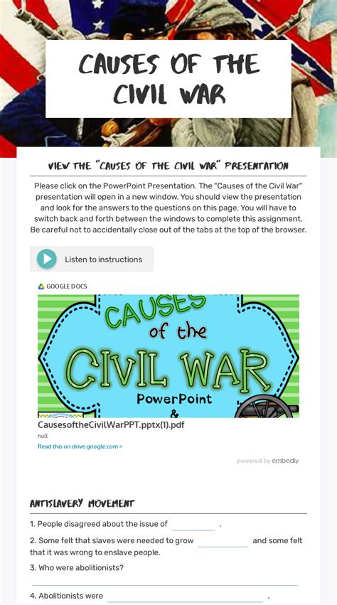 Causes Of The Civil War Interactive Worksheet By Katelyn Griffin Fce
