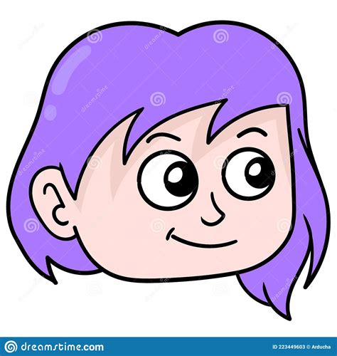 Beautiful Purple Haired Happy Smiling Face Female Head Doodle Icon Drawing Stock Vector