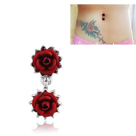 New Fashion 1pc Rhinestone Red Rose Navel Belly Button Barbell Ring Body Piercingbody Jewelry