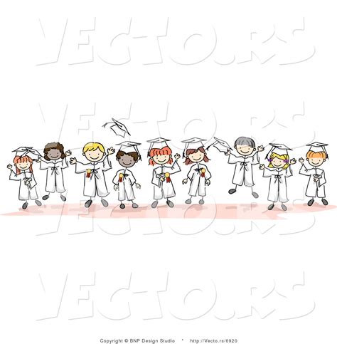 Cartoon Vector Of Young Happy Graduates Standing In Horizontal Line By