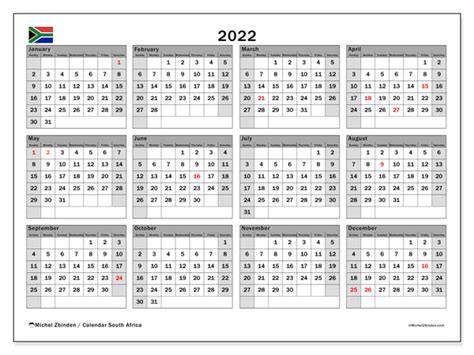 Printable 2022 “south Africa Ss” Calendar Michel Zbinden En