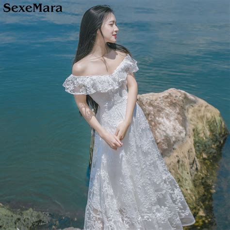 Sexemara Sexy Off Shoulder Ruffles Backless Hollow Out Embroidery Slash Neck Long White Lace