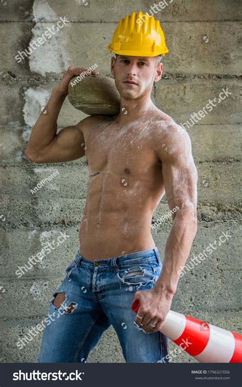 Sexy Muscular Construction Worker Shirtless Working Stock Photo