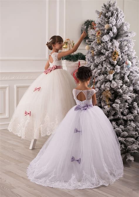 Long Princess Ivory White Lace Flower Girl Dresses Junior Flower Girls