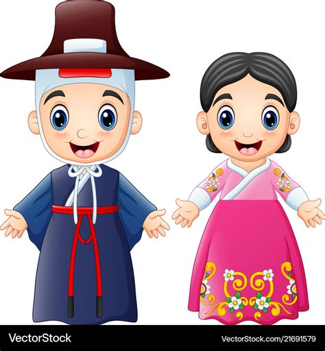 Cartoon Korean Couple Wearing Traditional Costumes