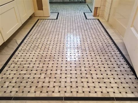 Carrera Marble Basketweave Mosaic Floor With Black Marble Inlay Border