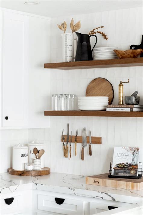 White Kitchen With Wood Floating Shelves In 2021 Kitchen Decor Modern