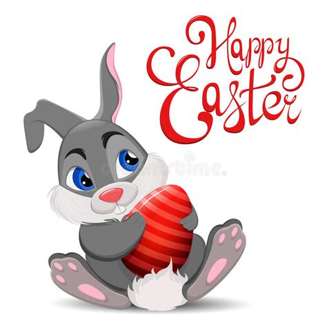 gray easter rabbit sitting and holding egg cute cartoon easter bunny character stock vector