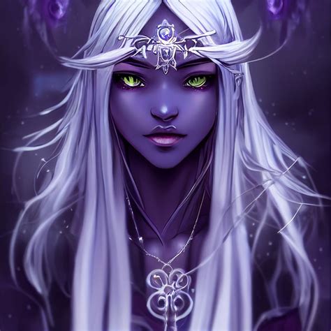 prompthunt beautiful female night elf purple dark skin drow flowing long silver hair silver