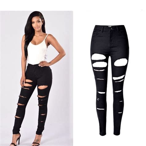 High Waist Jeans Stretchable Denim Ripped Hole Skinny Pencil Jeans Sexy