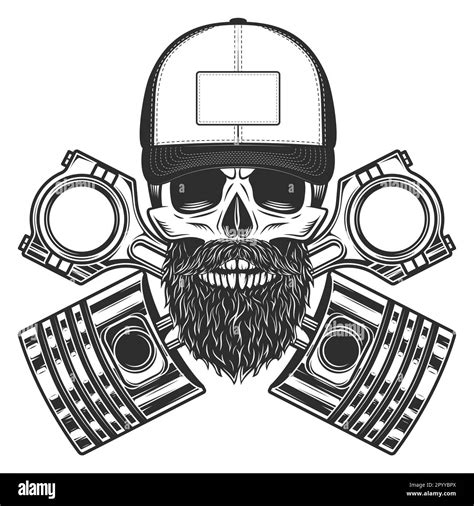 Motorcycle Biker Skull With Beard And Mustache In Baseball Cap With