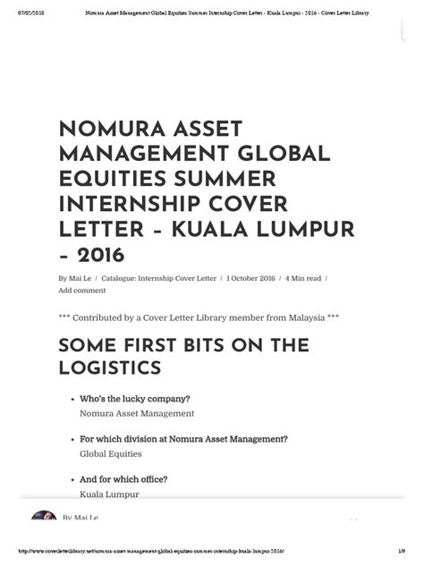 Nomura Asset Management Global Equities Summer Internship Cover Letter