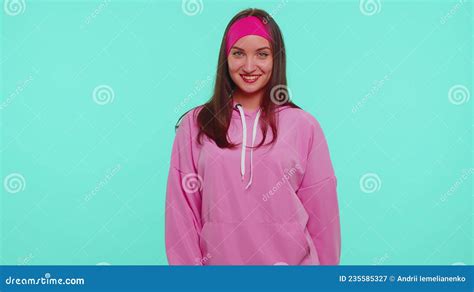 Joyful Lovely One Teenager Student Girl Fashion Model In Pink Hoodie