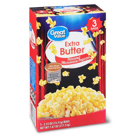 Great Value Flavored Microwave Popcorn Extra Butter 767 Oz 3 Count