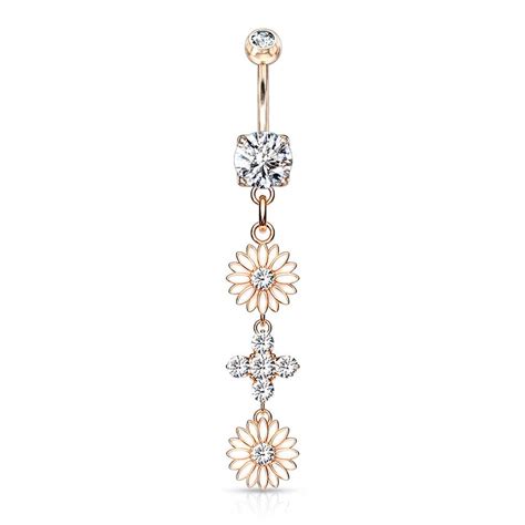Rose Gold Plated Surgical Steel Double Cz Flower Dangling Belly Button