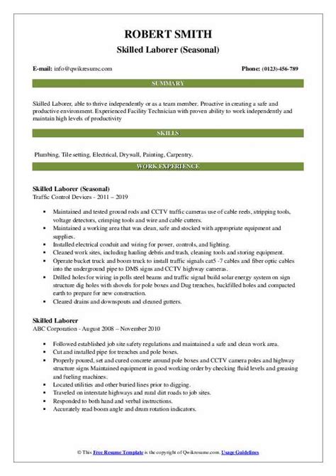 Skilled Laborer Resume Samples Qwikresume