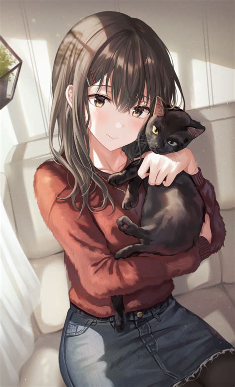 Wallpaper Beautiful Anime Girl Black Cat Sweater Brown Hair