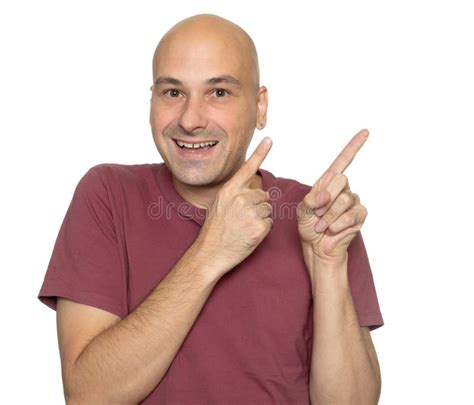 Cheerful Bald Man Pointing Finger Stock Image Image Of Away Smile 139929669