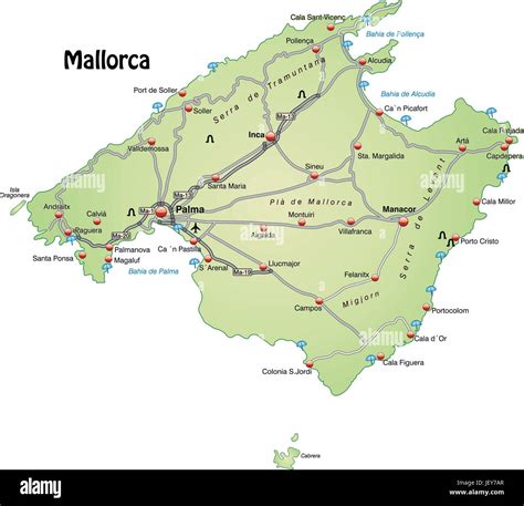 Mapa De Mallorca Con La Red De Transporte En Color Verde Pastel Imagen