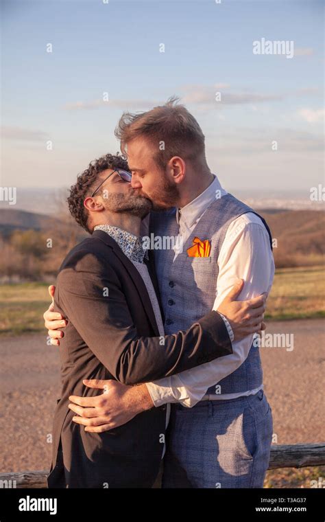 Two Men Gay Couple Hugging Each Other Kissing Face To Face Intimate