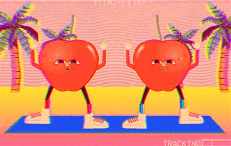 Two Apples Standing On Top Of Each Other In Front Of Palm Trees And A