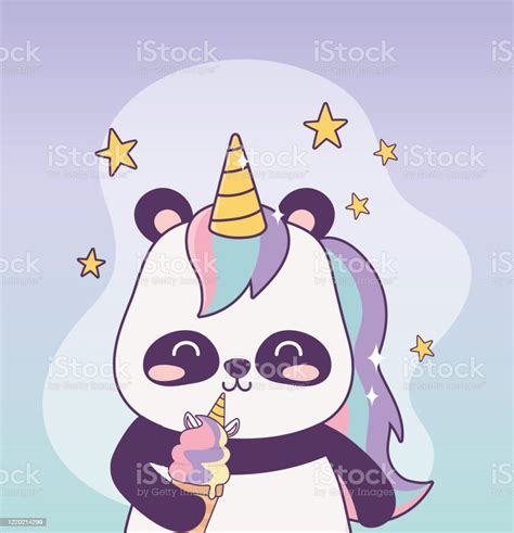 Kawaii Panda With Unicorn Ice Cream Cartoon Character Magical Fantasy