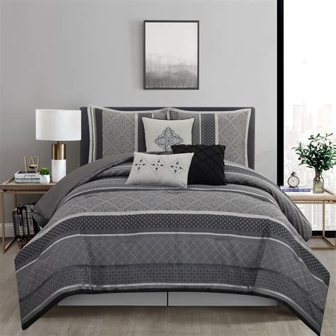 Lanco Geometric Grey Comforter Set Queen Size 7 Piece Jacquard