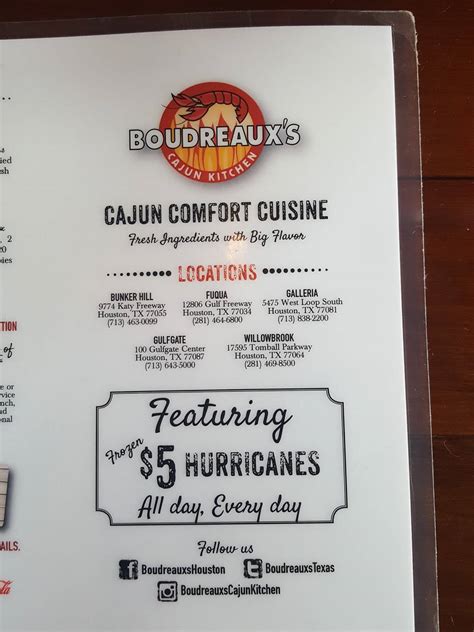 Menu at Boudreaux's Cajun Kitchen restaurant, Houston, 100 Gulfgate