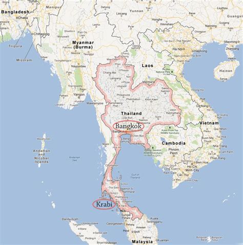 Map Of Thailand Showing Bangkok And Krabi Thailand