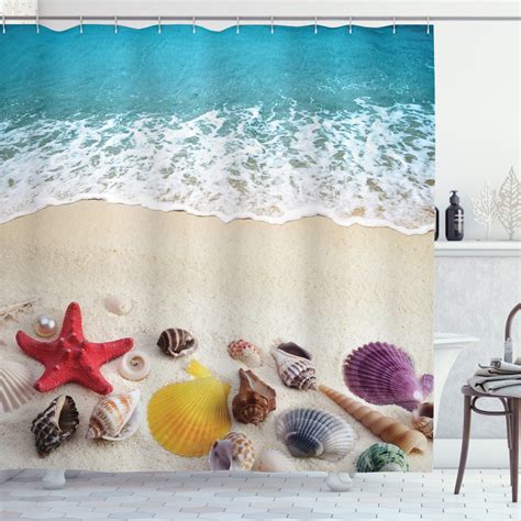 Beach Shower Curtain Sea Shells On Sandy Coast Tropical Island Shore Summertime Travel Vacation