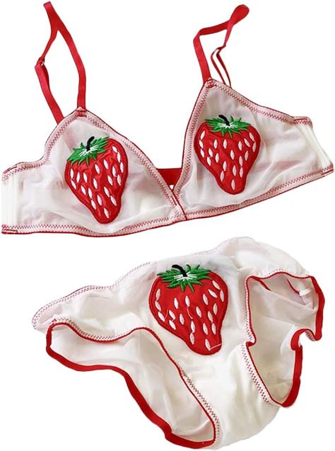 Yomorio Womens Sheer Bra And Panty Set Strawberry Embroidery Lingerie Schoolgirl Wire Free Bra
