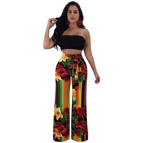 sexy women two piece set bandeau strapless cropped top pants floral stripes wide loose legs