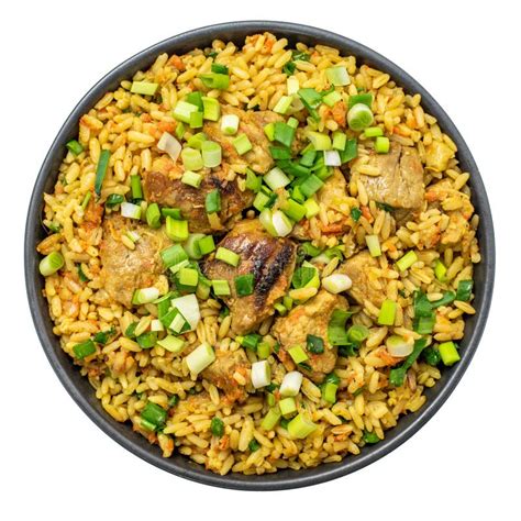 Rice Pilaf With Meat Carrot And Onion Bowl Isolated On White