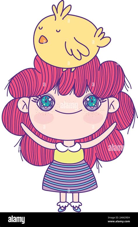 Cute Little Girl Anime Cartoon With Chicken In Head Vector Illustration