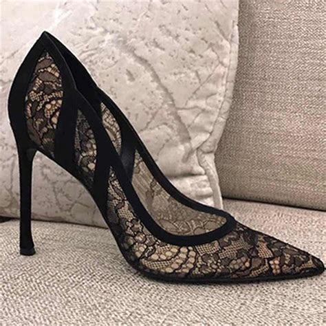 Lace Mesh High Heels Shoes Woman Pumps Black Stiletto Pointed Toe Sandals Sexy Women Shoes