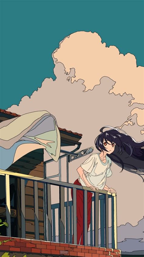 Wallpaper Clouds Polychromatic Balcony Laundry Anime Girl