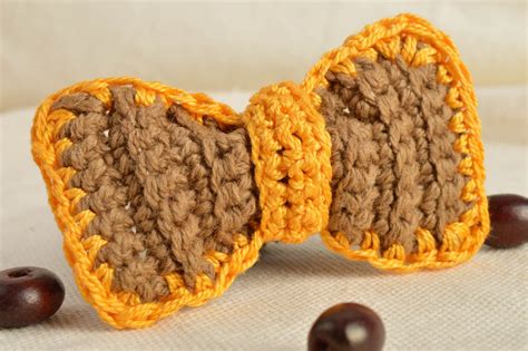 Élastique à cheveux noeud tricoté au crochet fait main jaune-marron