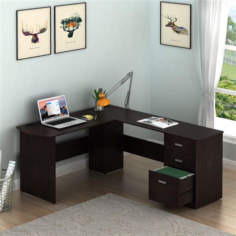 Shw L Shaped Home Office Wood Corner Desk With 3 Drawers Espresso