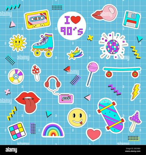 retro sticker pack i love 90s with different old fashioned elements doodle style flat vector