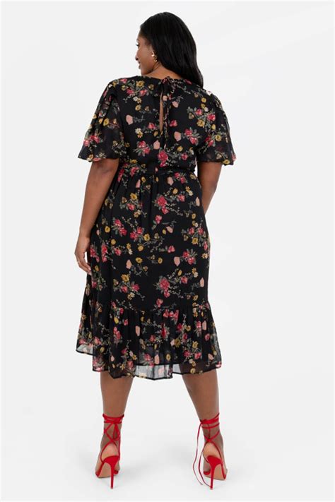 Buy Lovedrobe Floral Print Puff Sleeve Black Midi Dress From The Next