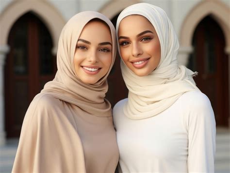 Две великолепные арабские мусульманки с красивой улыбкой и белыми зубами рекламируют идеальную