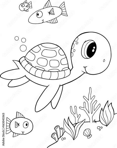 Fotobehang Cute Sea Turtle Vector Coloring Page Foto Art