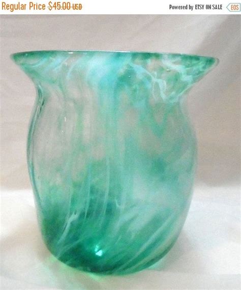 Big Sale End Of Day Green White Swirl Vintage Glass Hand Blown Glass Vase Signed By