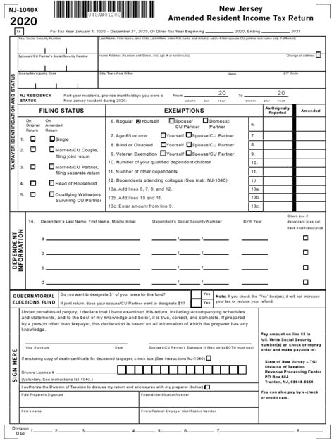 Form Nj 1040x Download Fillable Pdf Or Fill Online New