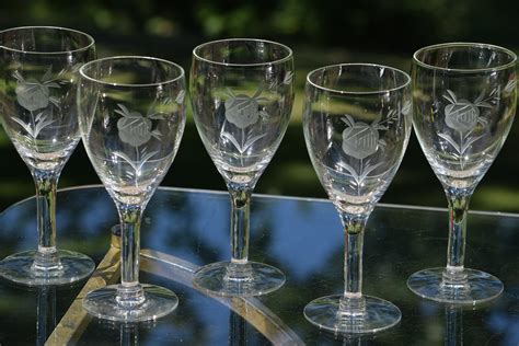 6 Vintage Rose Etched Wine Glasses Circa 1950s Vintage Etched Wine Glasses Wedding Toasting