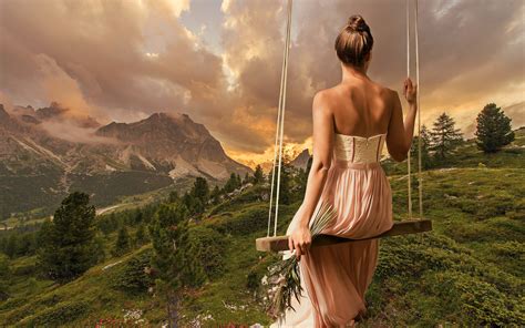Pictures Swing Human Back Girls Nature Scenery Sitting 3840x2400