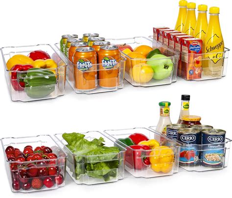 hoojo refrigerator organizer bins 8pcs clear plastic bins for fridge freezer kitchen cabinet